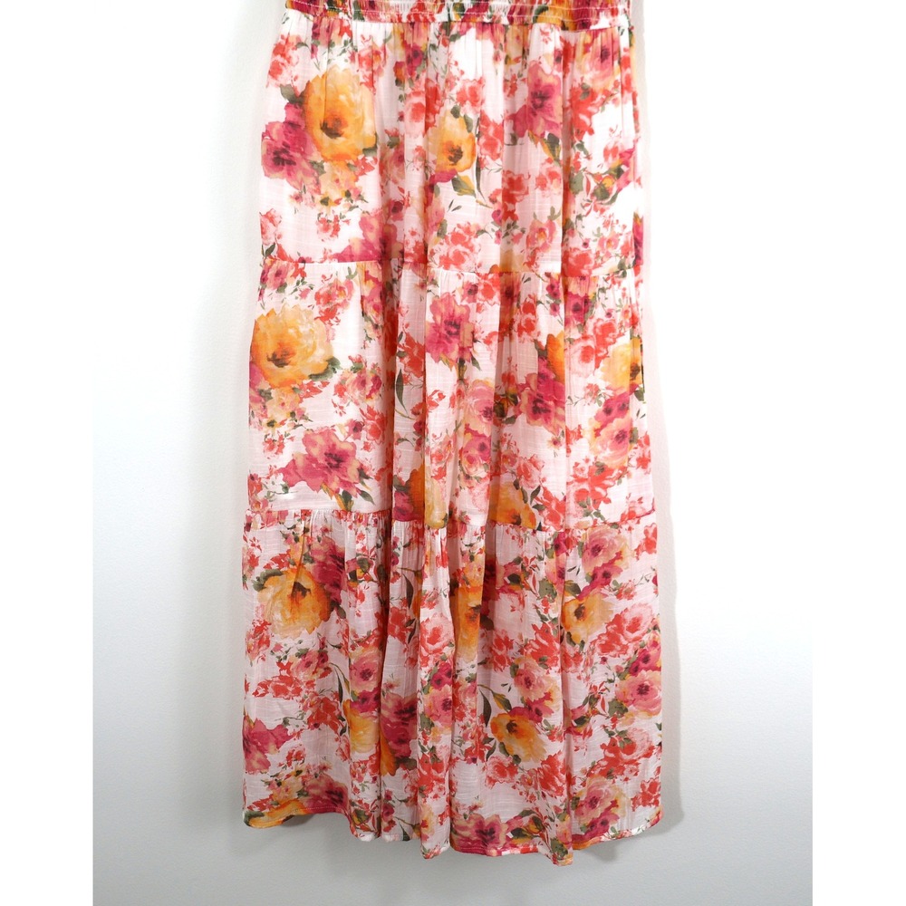Blu Pepper Floral Smocked Maxi Dress Pink Orange Tiered Ruffle Cap Sleeve Large - Picture 3 of 9